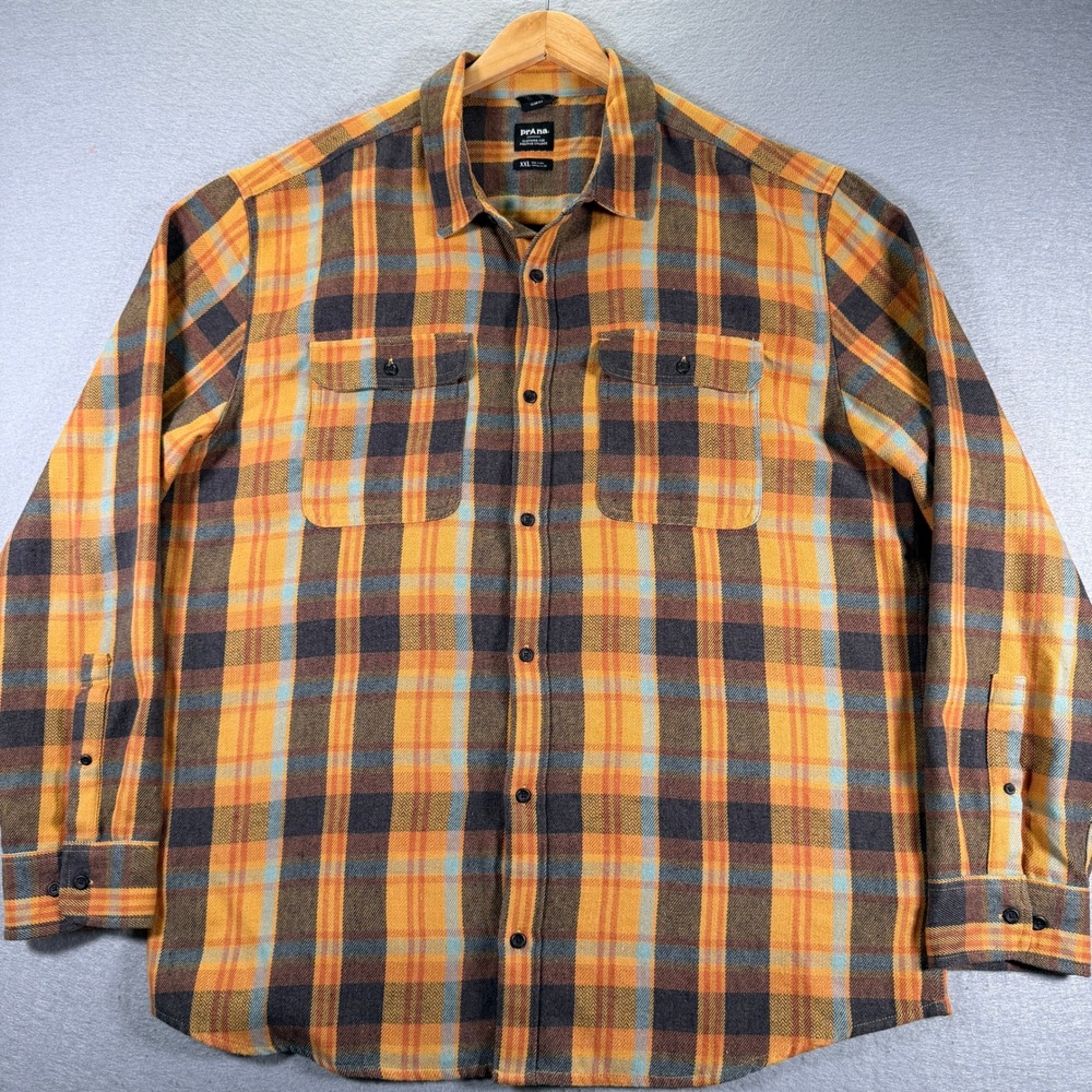 Prana Slim Fit Plaid Flannel Shirt Long Sleeve Mens XXL Orange Brown Gray Blue